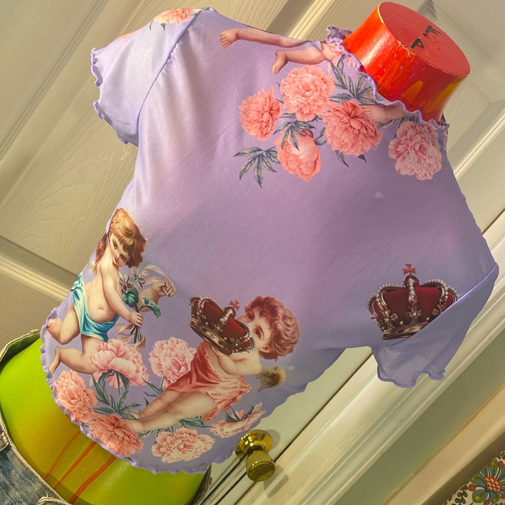 Lavender Purple Kawaii 90s Vibes Romeo Juliet Love Cupid Graphic Crop Top